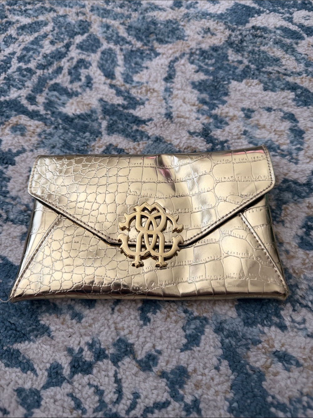 Roberto Cavalli Gold Croc-Embossed Envelope Clutch